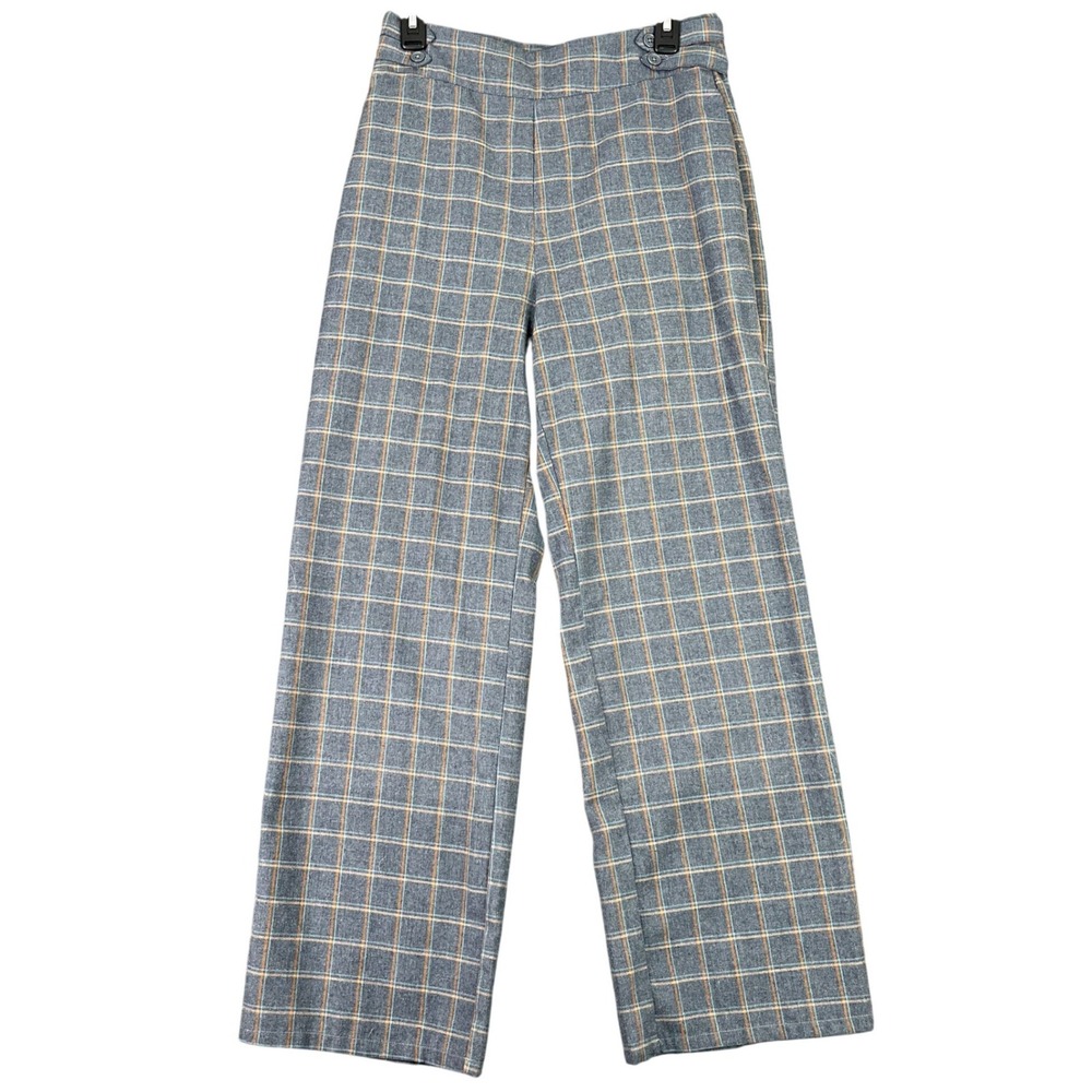 ModCloth Plaid‎ Wide Leg Trousers Womens 8 High Waist Button Tab Office Wear